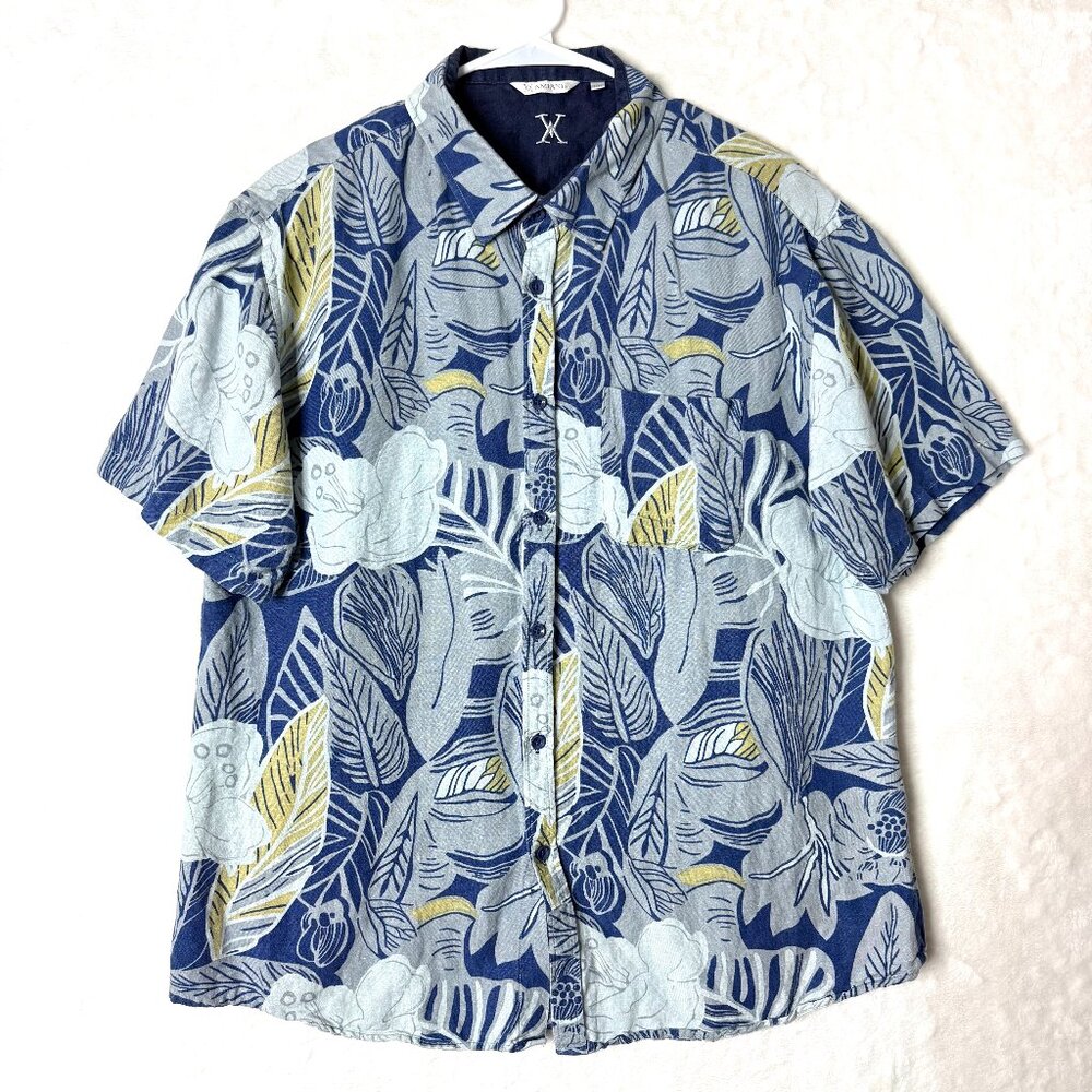 AMIANI Linen Blend Hawaiian Floral Tropical Coastal SS Button Up Shirt Mens XL